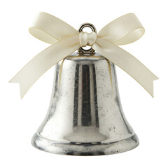 Silver Christmas bell with cream ribbon bow, simple decoration for holiday and winter season