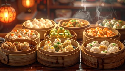 Fototapeta premium Various steamed dumplings, showcasing a warm, inviting display inside bamboo steamer baskets on a wooden table, highlighting the diverse flavors and textures, with rising steam creating a welcoming...