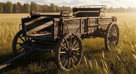 Vintage rustic farm cart resting in a beautiful field of tall grass during a warm, golden hour