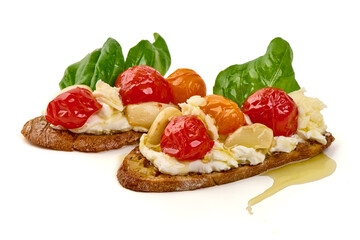 Bruschetta with Tomato, Basil and Mozzarella, isolated on white background