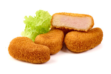 Fried Chicken Nuggets with Lettuce, isolated on white background