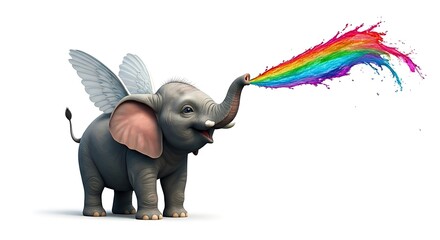 Whimsical winged elephant blowing vibrant rainbow, perfect for children's books or playful designs that need a touch of magic and imagination.
