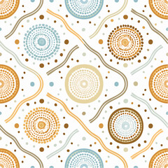 A seamless Indigenous Australian waterhole pattern with flowing dotted rivers and circular motifs. Perfect for textiles, educational projects, and home decor.