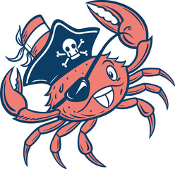 Funny Pirate Crab Wearing a Hat and Eye Patch Holding Claws Up in a Playful Cartoon Illustration