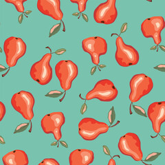 Seamless pattern with pear on color background. Natural delicious fresh ripe tasty fruit. Sweet pears with leaves. Food concept. Vector illustration for print, fabric, textile.