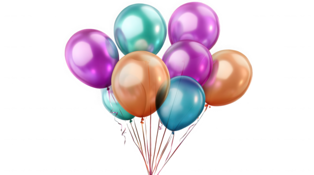 A bunch of shiny balloons in various colors against a black backdrop on transparent background