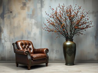 Elegant Leather Armchair and Decorative Vase in Minimalist Interior