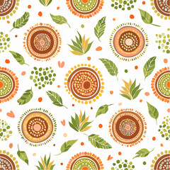 A seamless Indigenous Australian bushland pattern with dot depictions of flora and fauna. Great for textiles, packaging, and cultural artwork.