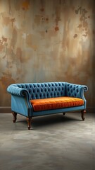 Elegant Blue Velvet Sofa with Orange Cushion in Artistic Interior