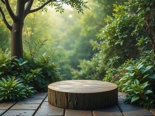 Serene Forest Scene with Wooden Stump Table