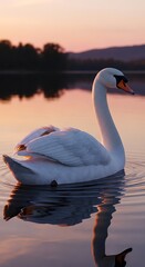 Fototapeta premium Swan Serenity - A Mute Swan Glides on Calm Waters at Sunset.
