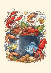 Seafood Boil Illustration with Crawfish, Shrimp, and Corn.
