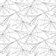 Spider web with thin threads forming a natural cobweb seamless pattern. Hand drawn watercolor illustration in grey and black colour on isolated white background for Halloween fabric, biological themes
