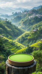 Serene Mountain Landscape with Terraced Fields and Tea Bowl