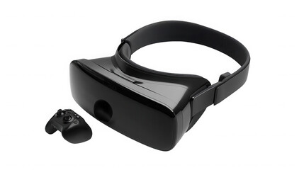 A black virtual reality headset and controller on a black background on transparent background