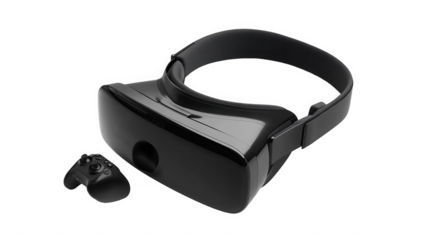 A black virtual reality headset and controller on a black background on transparent background