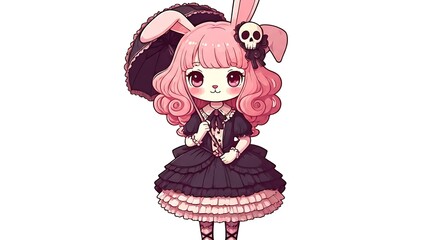 Adorable gothic bunny girl with pink hair and skull detail holding umbrella, perfect for alternative fashion blogs and kawaii culture designs