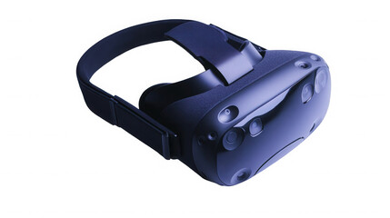A close up of a dark blue virtual reality headset on a black background on transparent background