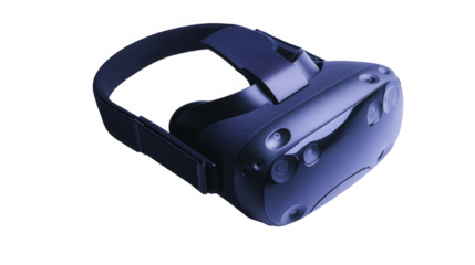 A close up of a dark blue virtual reality headset on a black background on transparent background