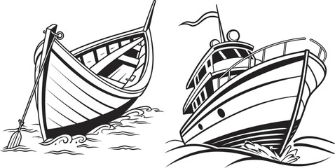 Vintage Wooden Boat and Modern Ship Sailing on Waves in Black and White Illustration