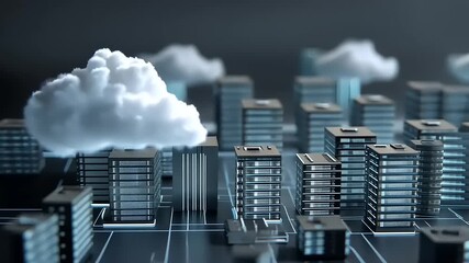 Futuristic cityscape with cloud computing elements and digital connectivity in a modern urban setting - Powered by Adobe