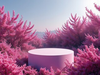 Pink Floral Landscape with Circular Podium