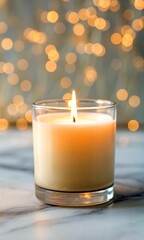 New Year Productivity & Holiday wellness concept. A lit candle in a glass holder, glowing softly against a blurred background of warm lights.