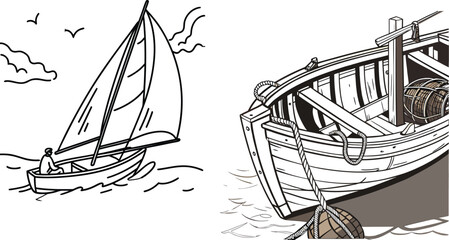 Retro Maritime Artwork with Wooden Rowboat and Sailing Ship Vector Design