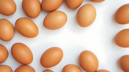 Fresh brown eggs with natural texture, isolated on a pure white background under soft overhead lighting.