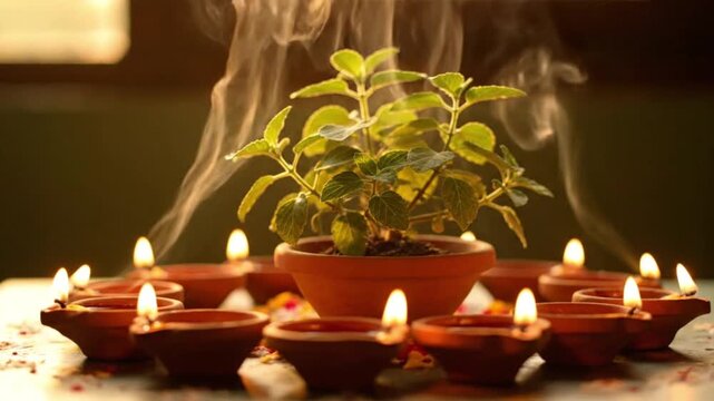 Tulsi plant surrounded by lit diyas on a table with smoke rising in a dark room