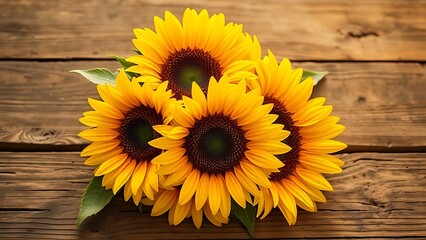 Fototapeta premium Golden-toned sunflower arrangement on rustic wood, radiating warmth and rustic charm.