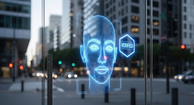Futuristic Face Recognition Technology Displayed on Glass with Urban Backdrop