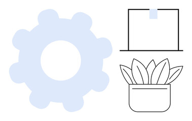 Gearwheel symbolizing productivity, box highlighting storage or organization, and potted plant representing sustainability. Ideal for teamwork, innovation, growth, organization, simplicity