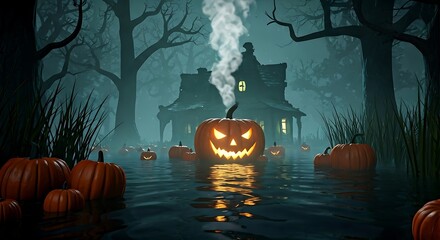 Spooky Halloween night with glowing pumpkins floating on a dark misty lake near a haunted house, perfect for Halloween promotions