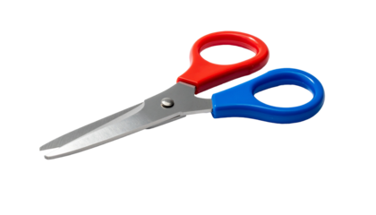 Open red and blue handled scissors
