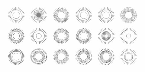 Collection of sunburst graphic elements and radial designs in various styles and textures
