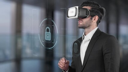 A professional businessman wearing a virtual reality headset explores an advanced digital security interface, representing innovation in technology and futuristic business environments. Raster - Powered by Adobe