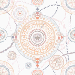 A seamless Indigenous Australian Dreaming pathway pattern featuring dotted lines connecting circular motifs. Perfect for cultural and educational art.