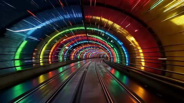 Vibrant illuminated tunnel with colorful lights creating a dynamic motion effect on train tracks
