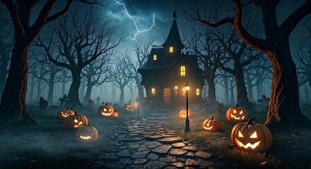 Spooky Halloween night featuring a haunted house with glowing pumpkins and a dramatic lightning storm, perfect for scary seasonal promotions