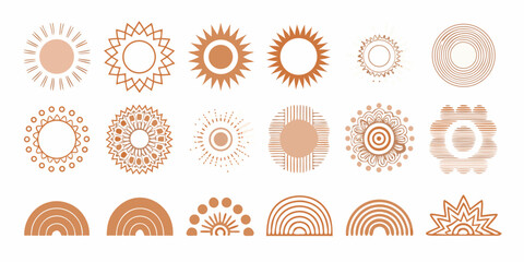 Collection of boho style sun and rainbow elements in earthy tones