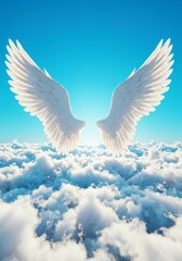 Fototapeta premium Ethereal wings soaring above a fluffy sea of clouds against the clear cerulean sky paradise