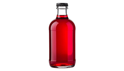 Red liquid in glass bottle on black