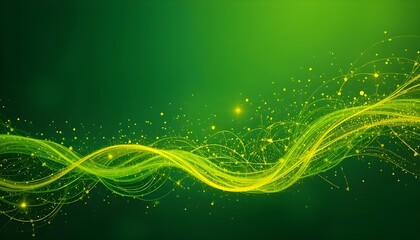 Green Yellow Abstract Background with Flowing Particle Waves and Lines for Digital Future Technology Design