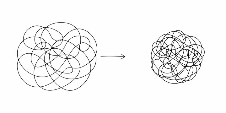 Abstract representation of a complex problem becoming simpler or more organized over time