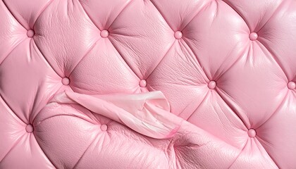 Close-up of pink quilted leather, with deep buttoned tufting, and a peel