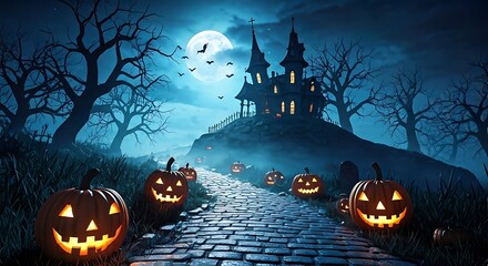 Eerie Halloween night scene with spooky haunted house under full moon and glowing jack-o'-lanterns lining stone pathway, perfect for holiday designs