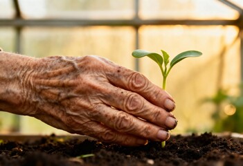 Elderly Hands Gently Planting a Seedling