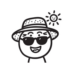  Funny Cute Doodle Smiling Emoji with Sun Hat and Sunglasses Outline.