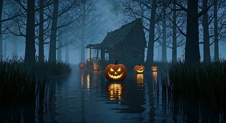 Spooky Halloween night with glowing pumpkins reflecting in water near haunted cabin, perfect for chilling spooky season promotions and scary greetings